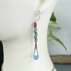 Dyed Jade Gemstone Spiral Beaded Dangle Earrings, Boho Chic Artisan Statement 3"